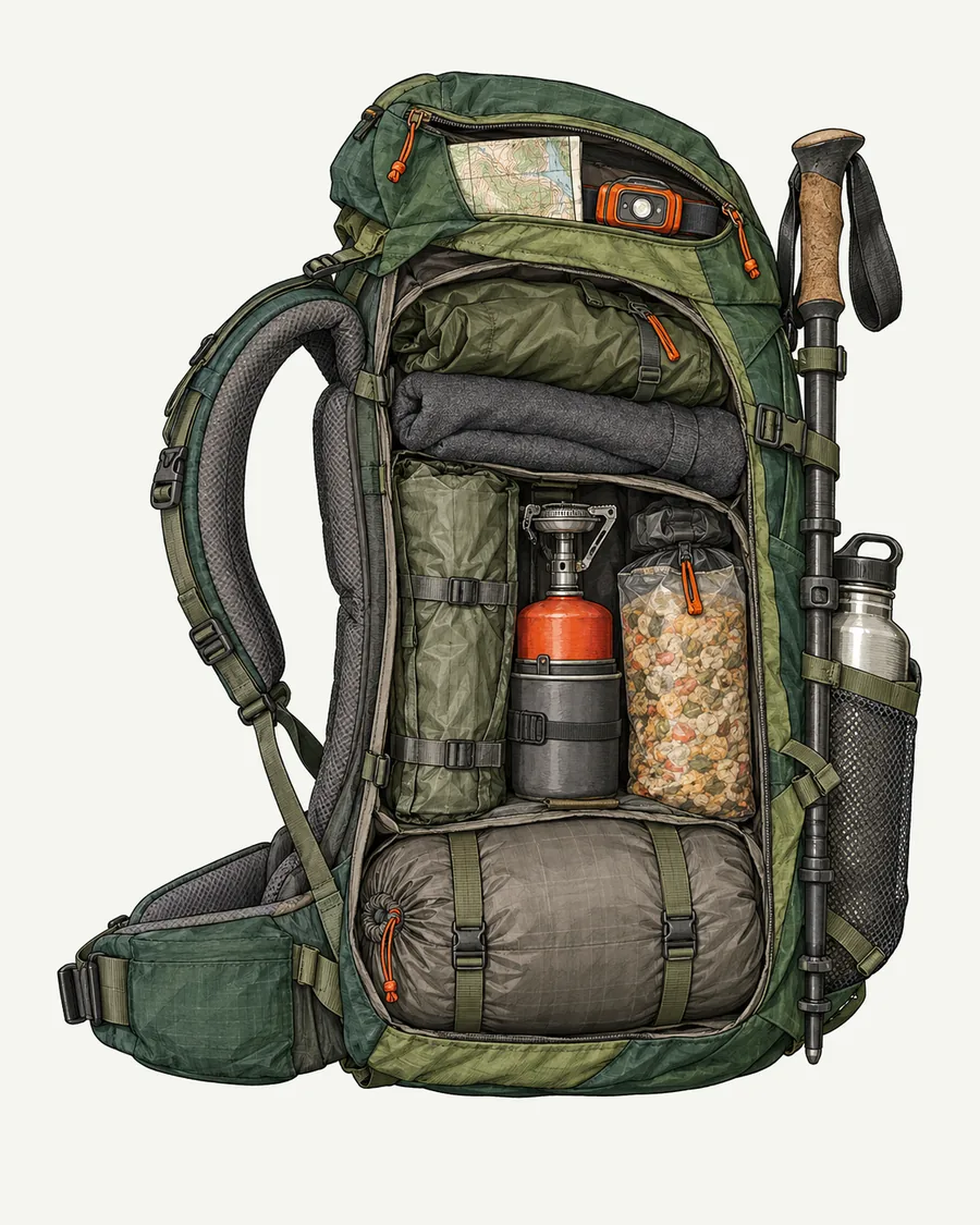 A loaded hiking backpack cut away to show how it is packed: the sleeping bag at the bottom, the tent, stove and food against the back, layers on top, map and headlamp in the lid, a water bottle in the side pocket and a trekking pole strapped outside