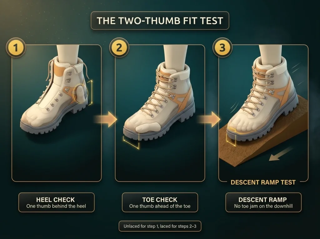 Three-frame sequence showing the two-thumb hiking boot fit test: heel check, toe check, and descent ramp position
