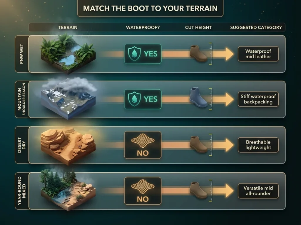 Decision matrix showing hiking boot waterproofing and cut height by terrain type with recommended boot categories