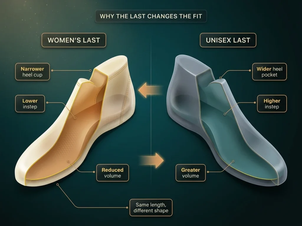 Anatomy diagram comparing women's vs unisex hiking boot last with labeled heel cup, instep height, and foot volume
