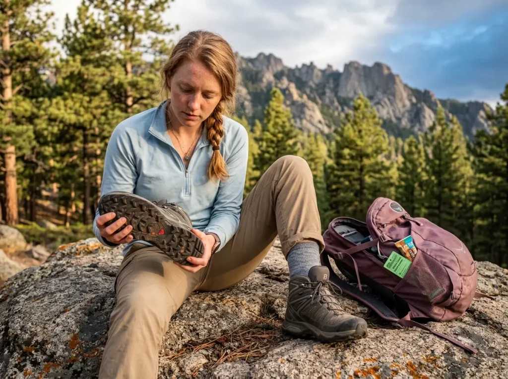 Woman examining two hiking boots at a mountain trailhead with pine forest and granite peaks behind her