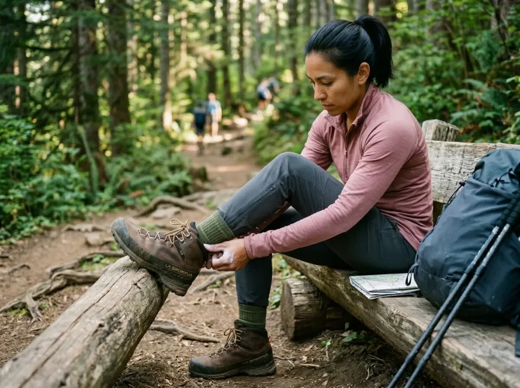 Woman performing the two-thumb boot fit test at a trailhead before hiking