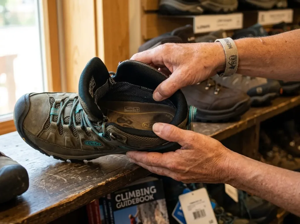 Close-up of hiking boot heel cup interior showing women's last anatomy at a gear shop fitting