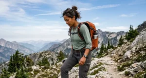 Best Women’s Hiking Boots for Every Foot Shape Woman in Merrell hiking boots descending a rocky mountain trail with a loaded daypack