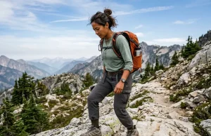 Best Women’s Hiking Boots for Every Foot Shape Woman in Merrell hiking boots descending a rocky mountain trail with a loaded daypack