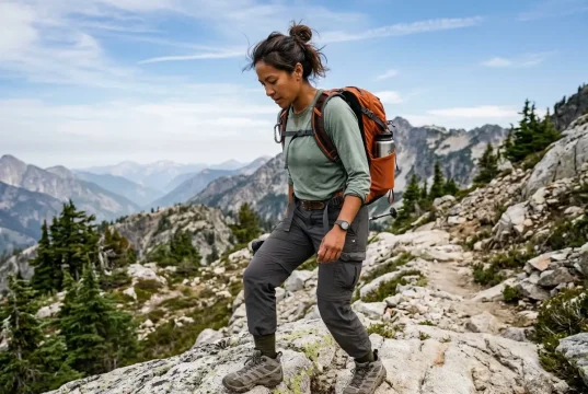 Best Women’s Hiking Boots for Every Foot Shape Woman in Merrell hiking boots descending a rocky mountain trail with a loaded daypack