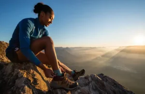 The Science of Boot Socks: A Guide for Serious Hikers A female hiker adjusts her hiking boot and technical boot sock while pausing on a mountain overlook with a stunning view at sunrise.