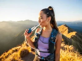 A confident hiker stands on a scenic mountain ridge at sunrise, drinking from her hydration pack, fully prepared for the day's adventure.