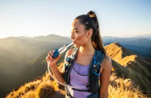 Choosing a Hydration Pack: A Hiker’s Definitive Guide A confident hiker stands on a scenic mountain ridge at sunrise, drinking from her hydration pack, fully prepared for the day's adventure.