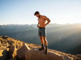 A hiker stands on a mountain peak, looking down at his technical men's hiking shorts, representing a data-backed analysis of the best gear for the trail.