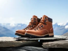 A pair of premium men's leather hiking boots sitting on a rock at a mountain summit, representing the pinnacle of style and performance for trail footwear.