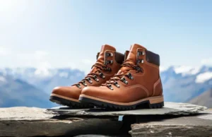 Style & Summit: The Best Men’s Leather Hiking Boots A pair of premium men's leather hiking boots sitting on a rock at a mountain summit, representing the pinnacle of style and performance for trail footwear.