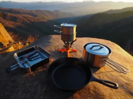 A modular campfire cooking kit laid out on a rock at a mountain overlook, showing a core ultralight pot and expansion modules like a cast iron skillet and group pot set.