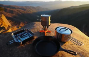 Building Your Campfire Cooking Kit: A Scalable Guide A modular campfire cooking kit laid out on a rock at a mountain overlook, showing a core ultralight pot and expansion modules like a cast iron skillet and group pot set.