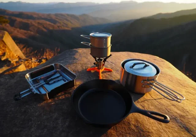 A modular campfire cooking kit laid out on a rock at a mountain overlook, showing a core ultralight pot and expansion modules like a cast iron skillet and group pot set.