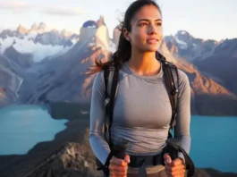 A female hiker wearing a technical grey hiking shirt stands on a mountain ridge at sunset, looking out over a vast Patagonian landscape.