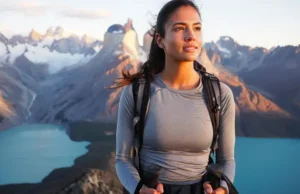 Hiking Shirts Women: A Data-Backed Analysis for Treks A female hiker wearing a technical grey hiking shirt stands on a mountain ridge at sunset, looking out over a vast Patagonian landscape.