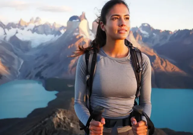 A female hiker wearing a technical grey hiking shirt stands on a mountain ridge at sunset, looking out over a vast Patagonian landscape.