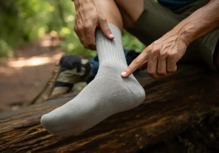 A focused, eye-level view of a hiker closely examining the cushioned construction of a merino wool boot sock on a forest trail.