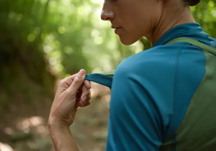 A close-up of a female hiker on a trail examining the texture of her technical hiking shirt, representing the fundamentals of choosing hiking apparel.
