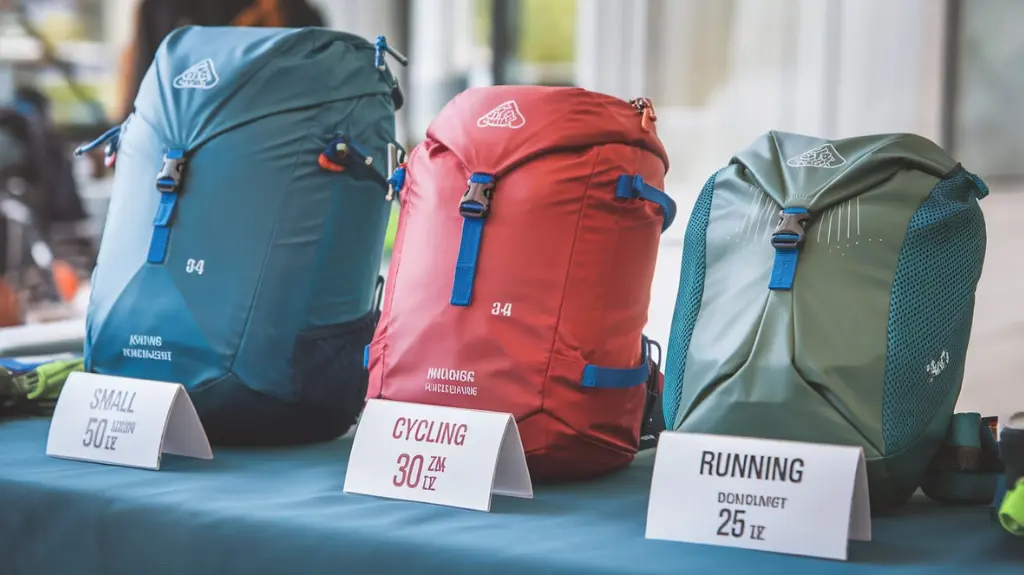 A variety of hydration packs in different sizes and designs, labeled for running, cycling, and hiking.