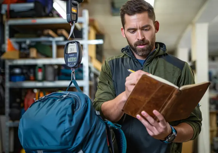 A hiker-gear tester carefully weighs a backpacking backpack on a scale and records the results in a notebook in a gear workshop.