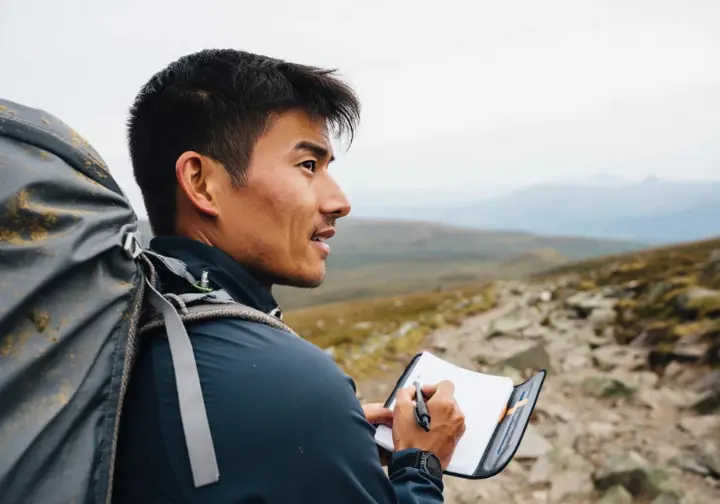 A gear tester makes notes about a daypack while on a rugged mountain trail, representing a rigorous, real-world testing process.