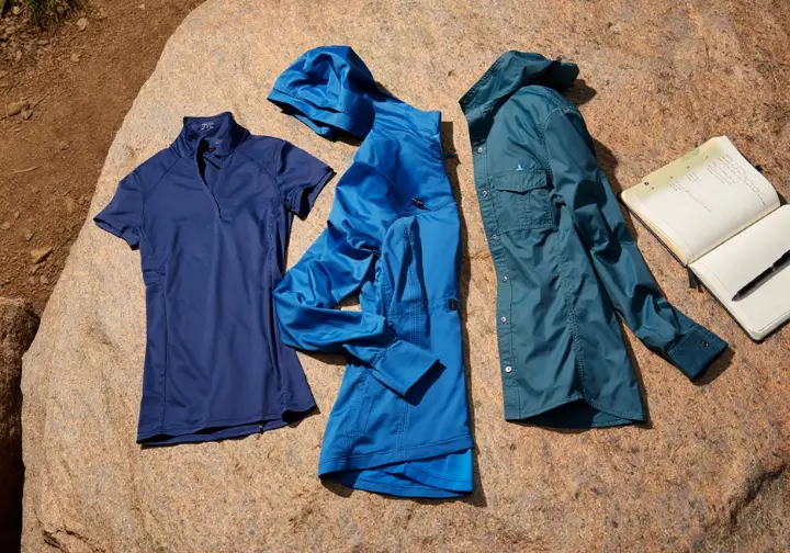Three different women's hiking shirts laid out on a rock with a notebook, illustrating the gear testing and review process.