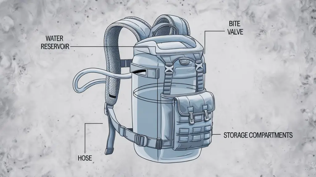 Diagram of a hydration pack showing the water reservoir, hose, bite valve, and storage compartments with labeled features. 