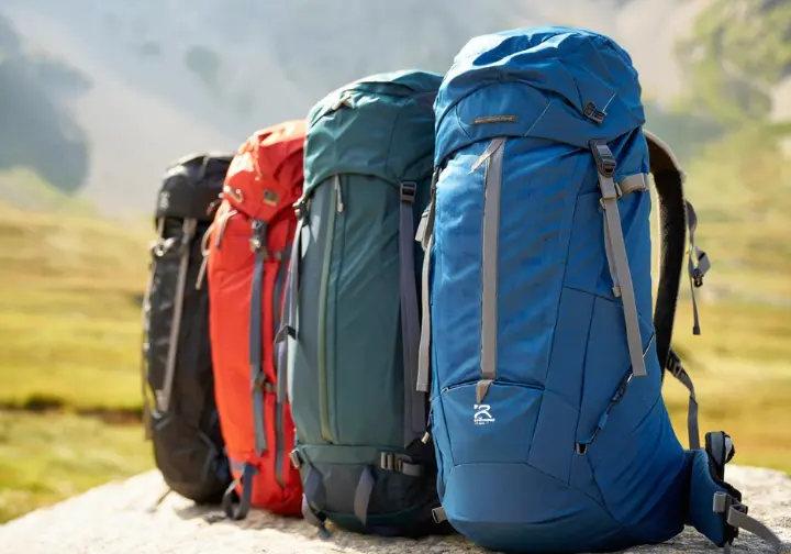 A curated selection of the four best backpacking backpacks of 2025 lined up on a rock with a scenic alpine meadow in the background.