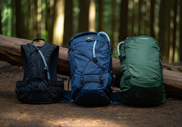 A curated lineup of the best hydration packs of 2025, featuring three different styles for various hiking needs, displayed on a log at a trailhead.
