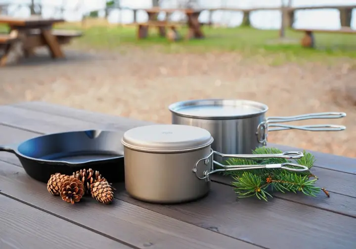 A collection of the best campfire cooking kit components, including a titanium pot and cast iron skillet, arranged on a rustic campsite table.