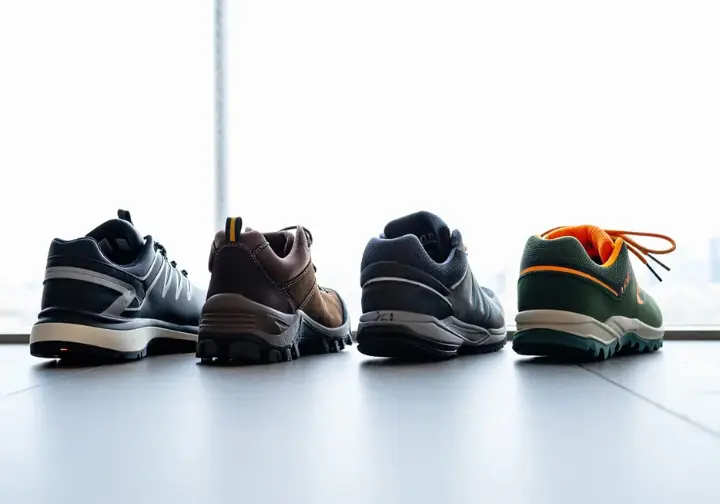 Four new pairs of top-rated mens waterproof hiking shoes displayed, showcasing the best models of 2025.