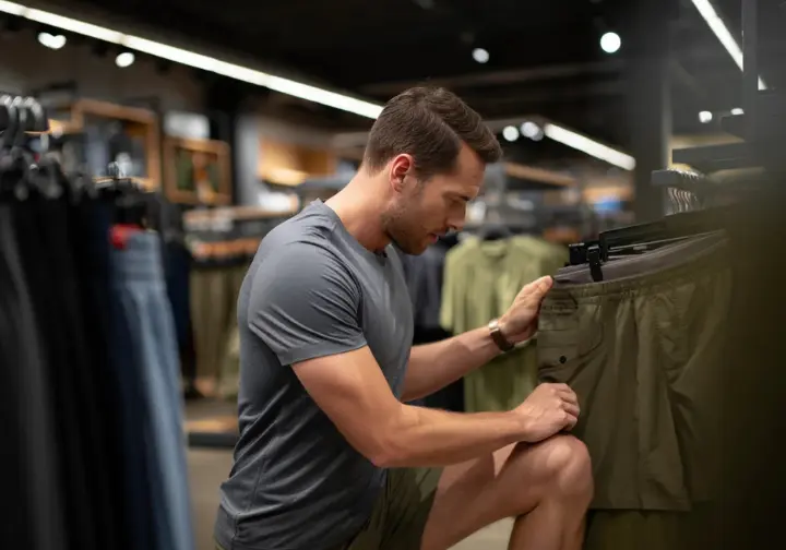 A hiker tests the fit of a pair of hiking shorts in a store, making final considerations to avoid the common mistake of buying ill-fitting gear.