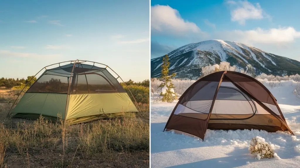 Comparison between a 3-season tent in summer and a 4-season tent in winter for different backpacking conditions