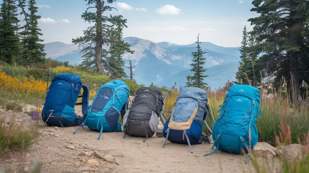 A scenic mountain trail with various lightweight hiking backpacks of different sizes laid out on the ground. Each pack is filled with gear, showcasing varying capacities, surrounded by vibrant wildflowers and towering trees. 