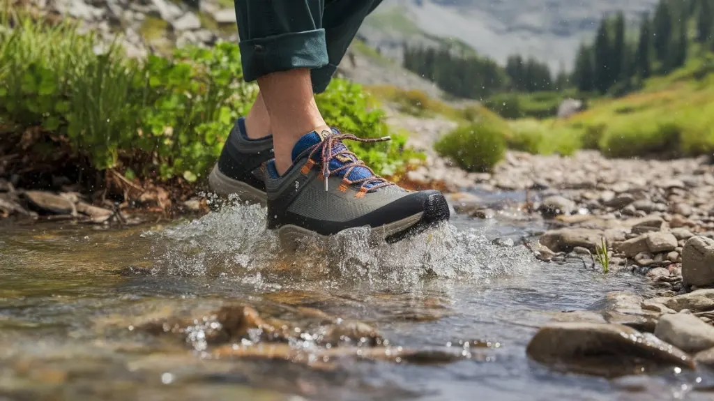 A vibrant scene featuring a pair of hiking water shoes splashing through a crystal-clear stream, surrounded by lush greenery and rocky terrain, showcasing their versatility and comfort in both wet and dry environments. 