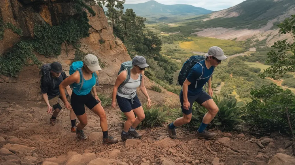 A vibrant outdoor scene showcasing a diverse group of hikers in lightweight, flexible shorts, navigating rocky trails surrounded by lush greenery and mountains, emphasizing comfort, freedom of movement, and durability in their gear.