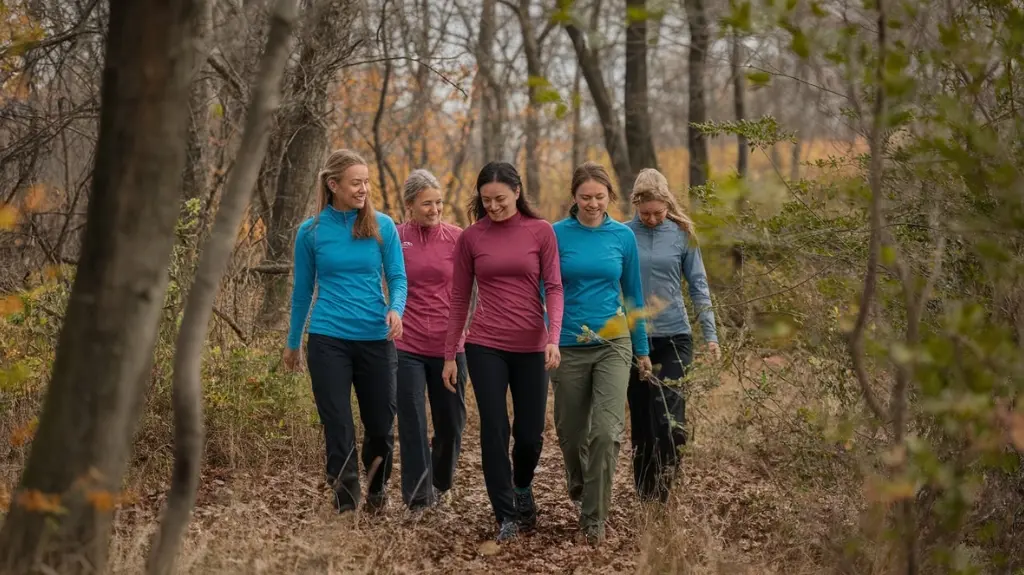 A vibrant woodland scene featuring women in various hiking shirts made from moisture-wicking, breathable fabrics. Close-up shots of fabric textures like merino wool, polyester, and nylon, showcasing their flexibility and comfort against nature