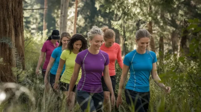 A serene forest scene featuring a diverse group of women wearing vibrant, breathable hiking shirts. They navigate a lush trail, surrounded by tall trees, sunlight filtering through leaves, showcasing comfort and performance in nature