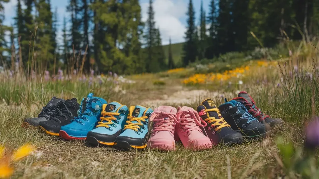 A vibrant scene showing a variety of budget-friendly kids hiking boots on a grassy trail surrounded by colorful wildflowers, showcasing different styles and colors, with a backdrop of tall trees and sunny sky.