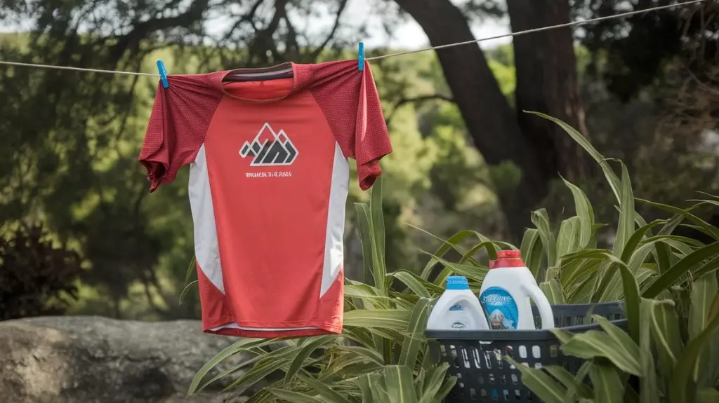 A close-up of a vibrant, moisture-wicking hiking shirt hanging on a line outdoors, surrounded by lush greenery, with a gentle breeze creating movement, showcasing care labels and a nearby basket filled with detergent and softener