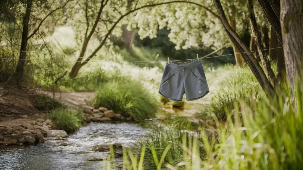 A serene outdoor setting showing a pair of women's hiking shorts hanging on a wooden line, surrounded by nature. Nearby, a gentle stream flows, with vibrant greenery and soft sunlight filtering through the trees. 