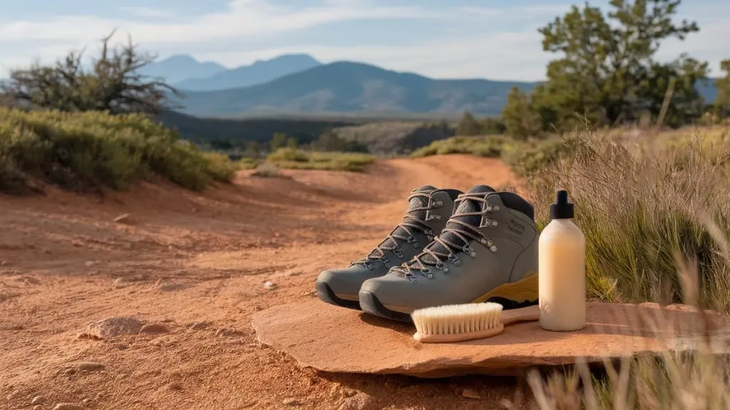 A serene outdoor scene featuring kids' hiking boots resting on a clean, rugged trail. Nearby, a soft brush and natural cleaning solution are arranged, emphasizing care and maintenance for long-lasting footwear.