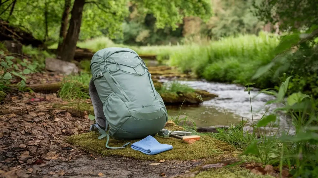 A serene outdoor setting with a lightweight hiking backpack resting on a mossy rock, surrounded by lush greenery, a gentle stream nearby, and a pair of cleaning tools like a brush and cloth laid beside it.