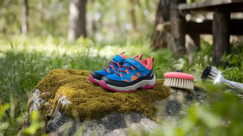 A vibrant outdoor scene featuring a pair of colorful toddler hiking shoes resting on a mossy rock, surrounded by lush greenery and sunlight filtering through the trees, showcasing care tools like a brush and cleaner nearby