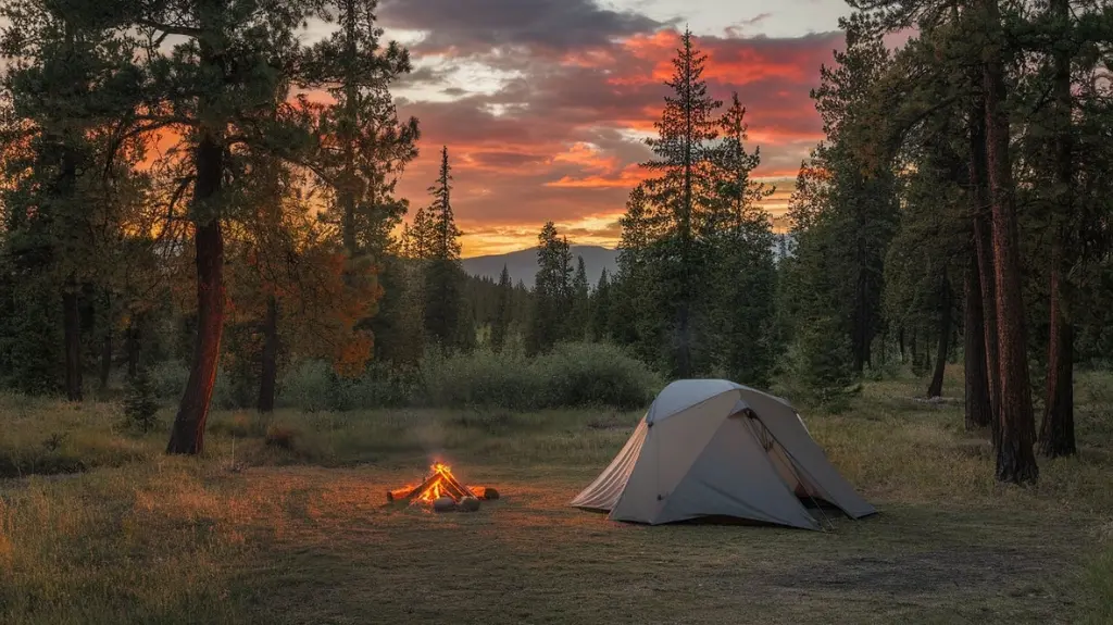 A serene forest clearing at sunset, featuring a two-person tent pitched on soft grass, surrounded by tall pine trees, a small campfire with glowing embers, and a tranquil mountain backdrop.