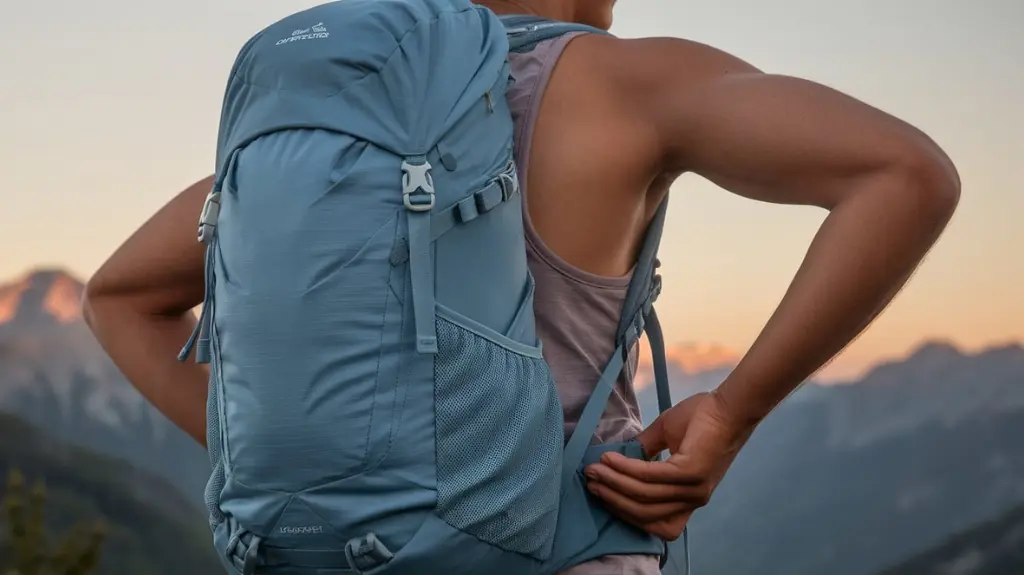 A close-up of a hiker adjusting a lightweight backpack, showcasing padded shoulder straps, a breathable mesh back panel, and a snug hip belt, set against a serene mountain backdrop during golden hour. 