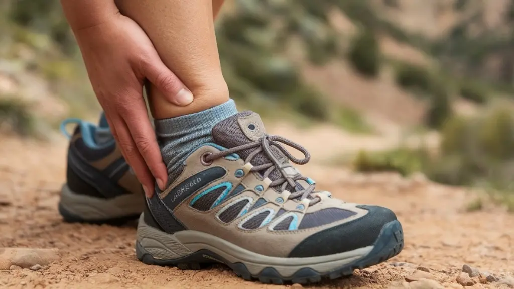 Close-up of a woman's foot in ill-fitting hiking shoes, showcasing cramped toes, on a rocky trail. Focus on the shoe's poor fit and the uncomfortable, pained expression on the woman's face. No text or logos visible