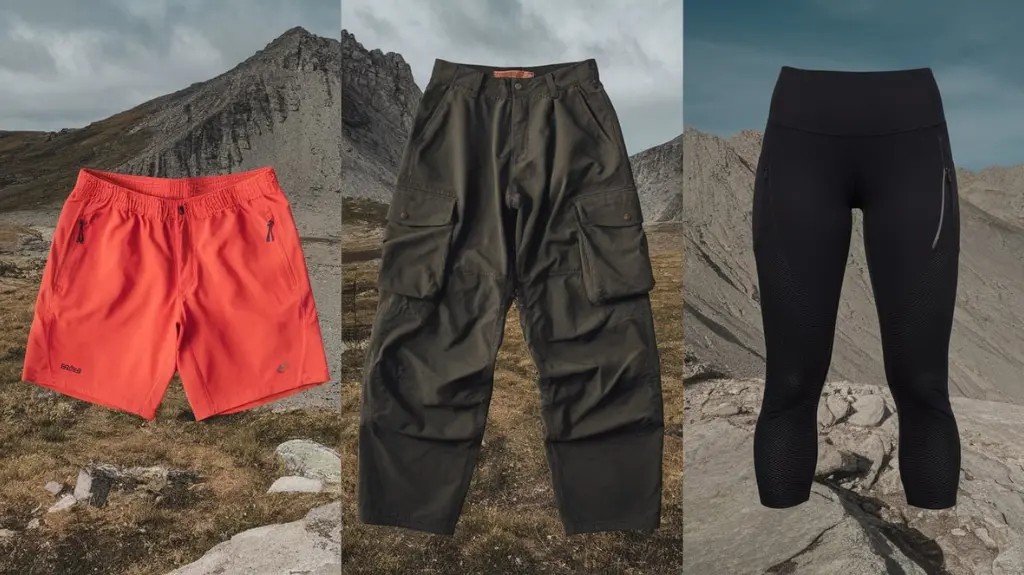 A split image showcasing vibrant hiking shorts beside rugged cargo pants and breathable outdoor leggings, set against a stunning mountain backdrop, highlighting features like pockets, fabric texture, and flexibility in motion.